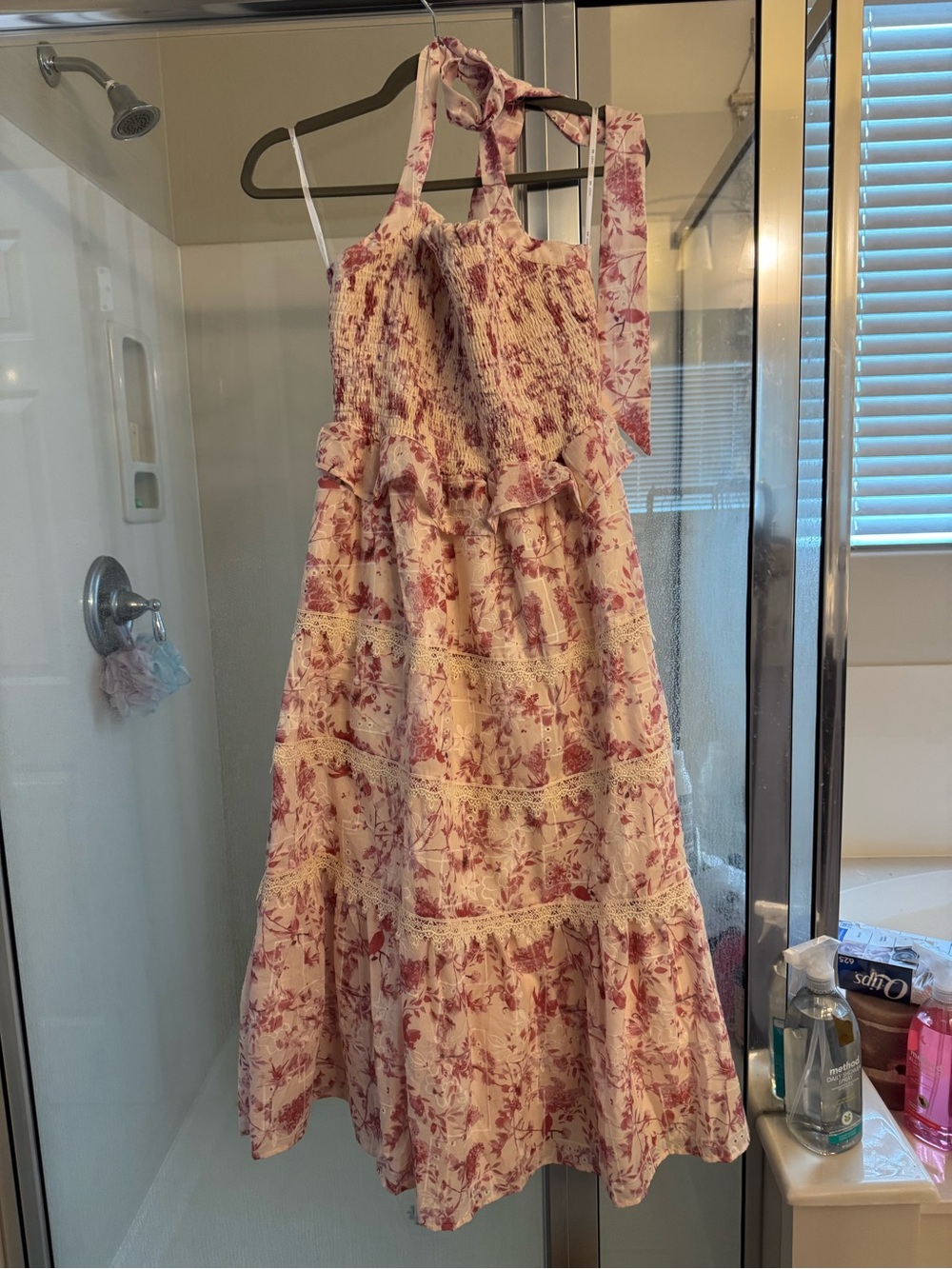 Floral Smocked Halter Maxi Dress Pink Cream